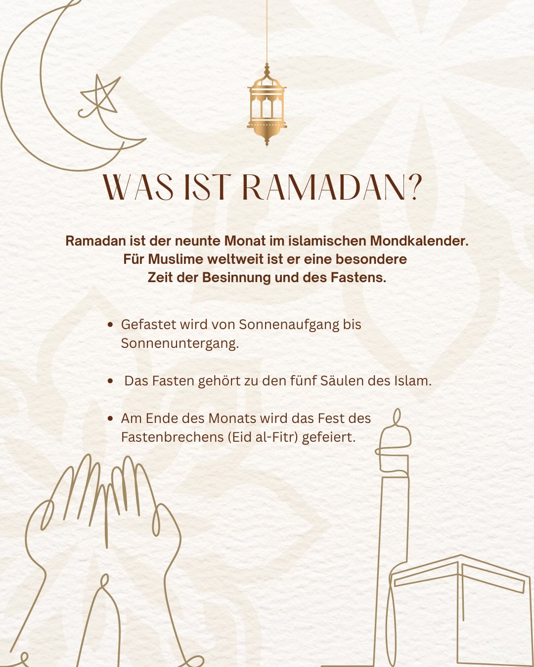Was bedeutet Ramadan für dich?
Schreib ein Wort in die Kommentare. 👇🏼 ❤️Bis zum Ende des Ramadan gibt es jede Woche eine Ramadan-Quiz-Woche in unserer Story.
Mach mit und teste dein Wissen! 🌙 ✨#ramadan #dialog #bayram #karlsruhe #bildung