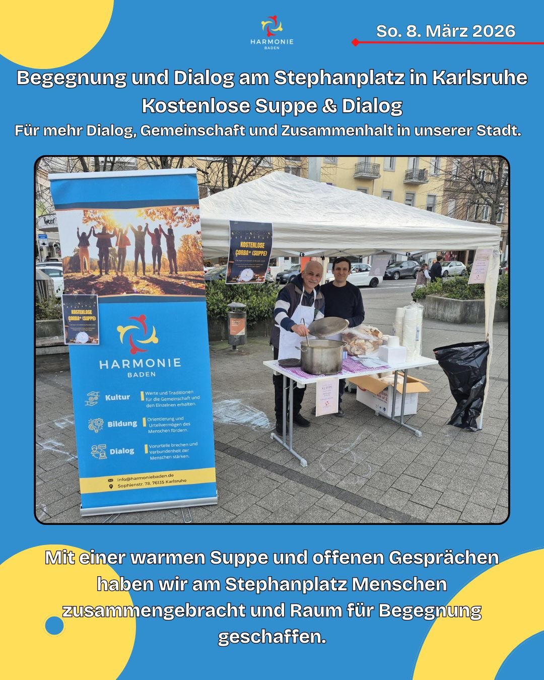 📍Am Stephanplatz in Karlsruhe waren wir mit einer kleinen Dialogaktion vor Ort. Mit kostenloser Suppe haben wir Passantinnen und Passanten eingeladen, kurz stehen zu bleiben, ins Gespräch zu kommen und Gemeinschaft zu erleben.Viele Menschen sind stehen geblieben, haben sich ausgetauscht und die offene Atmosphäre sehr geschätzt. Solche Begegnungen zeigen uns immer wieder, wie wichtig Dialog, Gemeinschaft und Zusammenhalt in unserer Stadt sind. Nach rechts wischen, um mehr über die Aktion zu erfahren.#begegnung #dialog #gemeinschaft #karlsruhe #gemeinsamstark