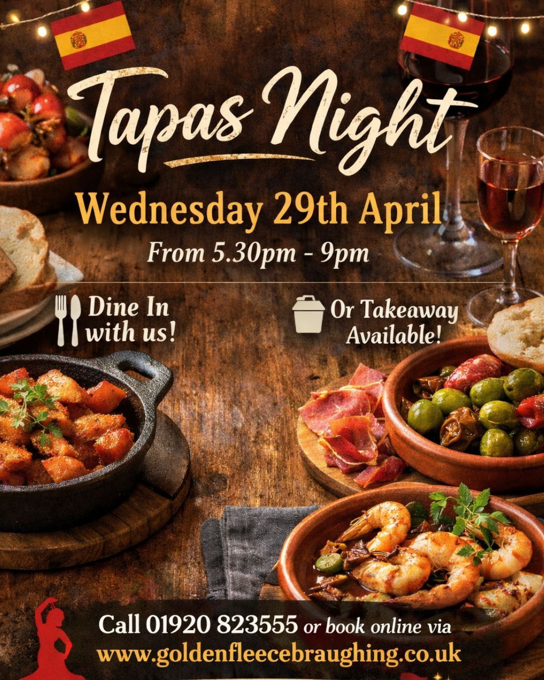 Tapas Night is back! ✨
Join us on Wednesday 29th April from 5.30pm – 9pm for a delicious evening of authentic Spanish tapas, wine & sherry 🥘🍷
Whether you fancy a cosy night in the pub or a treat at home, you can eat in or order for takeaway — the perfect mid-week plan!
📞 Call 01920 823555
💻 Or book online via www.goldenfleecebraughing.co.uk
#goldenfleece20 #thegoldenfleecebraughing #braughing #hertfordshire #pub #pubdining #yoello #tapas #tapasnight #spanishcuisine
📍 Booking recommended — this is always a popular one! 💃✨
