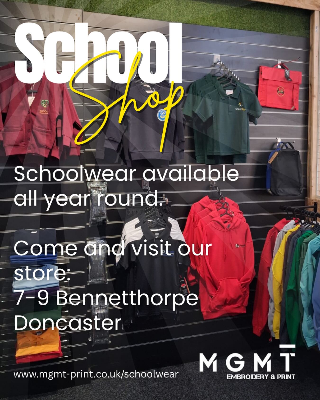 🎓 School Shop 🎓Schoolwear available all year round at MGMT Embroidery & Print 🙌From uniforms to PE kits and embroidered essentials, we’ve got you covered.🛒 www.mgmt-print.co.uk/schoolwear📍 Visit our store:7–9 BennetthorpeDoncaster#MGMTEmbroideryAndPrint #Schoolwear #Doncaster #UniformShop