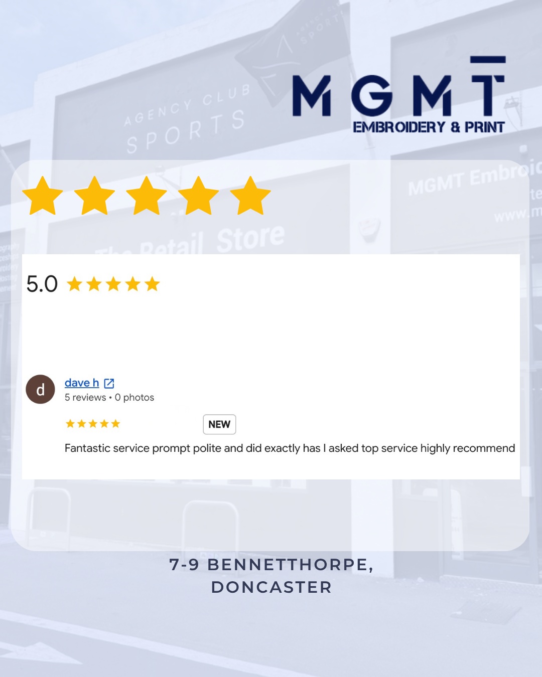 ⭐ Another 5-Star Review! ⭐A big thank you to one of our recent customers for taking the time to leave us this fantastic review:"Fantastic service, prompt, polite and did exactly as I asked. Top service, highly recommend."Customer feedback means a lot to us, and we're proud to provide the high level of service our customers expect.If you've used MGMT Embroidery & Print, we'd love to hear about your experience. Your reviews help support our business and let others know what they can expect.Thank you for your continued support!#MGMTEmbroideryAndPrint #5StarReview #CustomerFeedback #ThankYou #DoncasterBusiness #Embroidery #Printing #Workwear